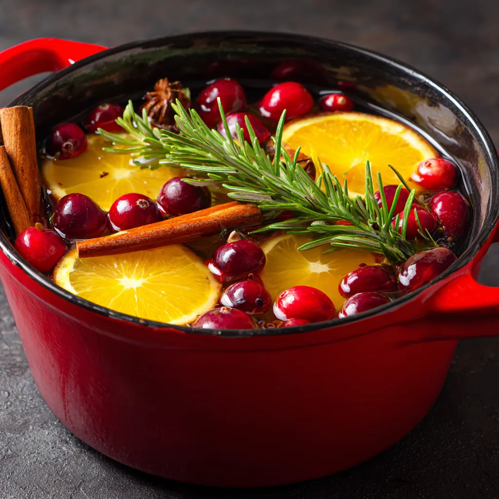An overhead view of a red pot simmering with orange slices, cranberries, cinnamon sticks, and rosemary in a clear liquid.