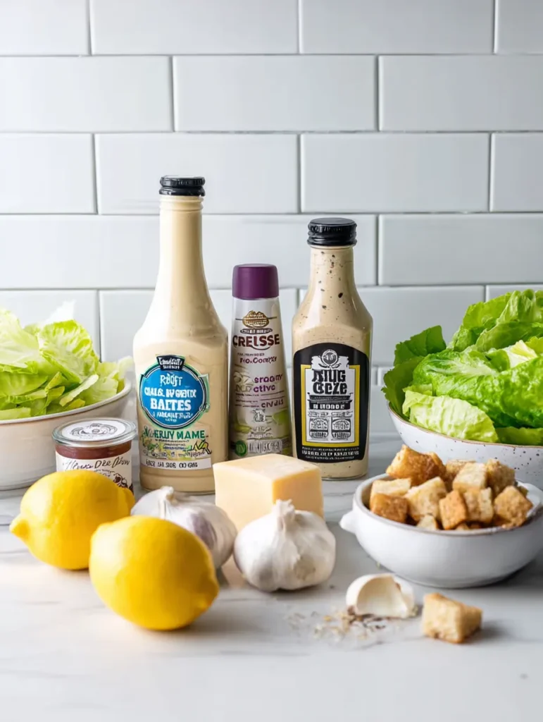Caesar salad ingredients laid out on a white marble counter with a subway tile backsplash, including mayonnaise, sauces, cheese, lemon, garlic, croutons, lettuce, and grinders.