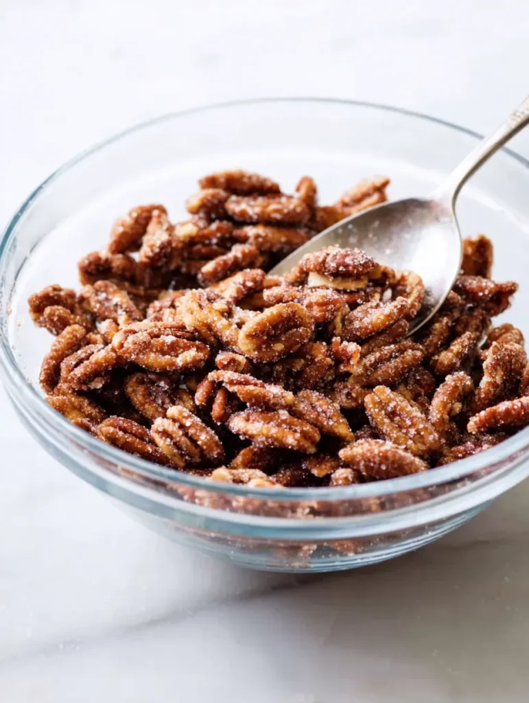 Close-up of a clear glass bowl filled with sugar-coated candied pecans and a silver spoon, on a white background.