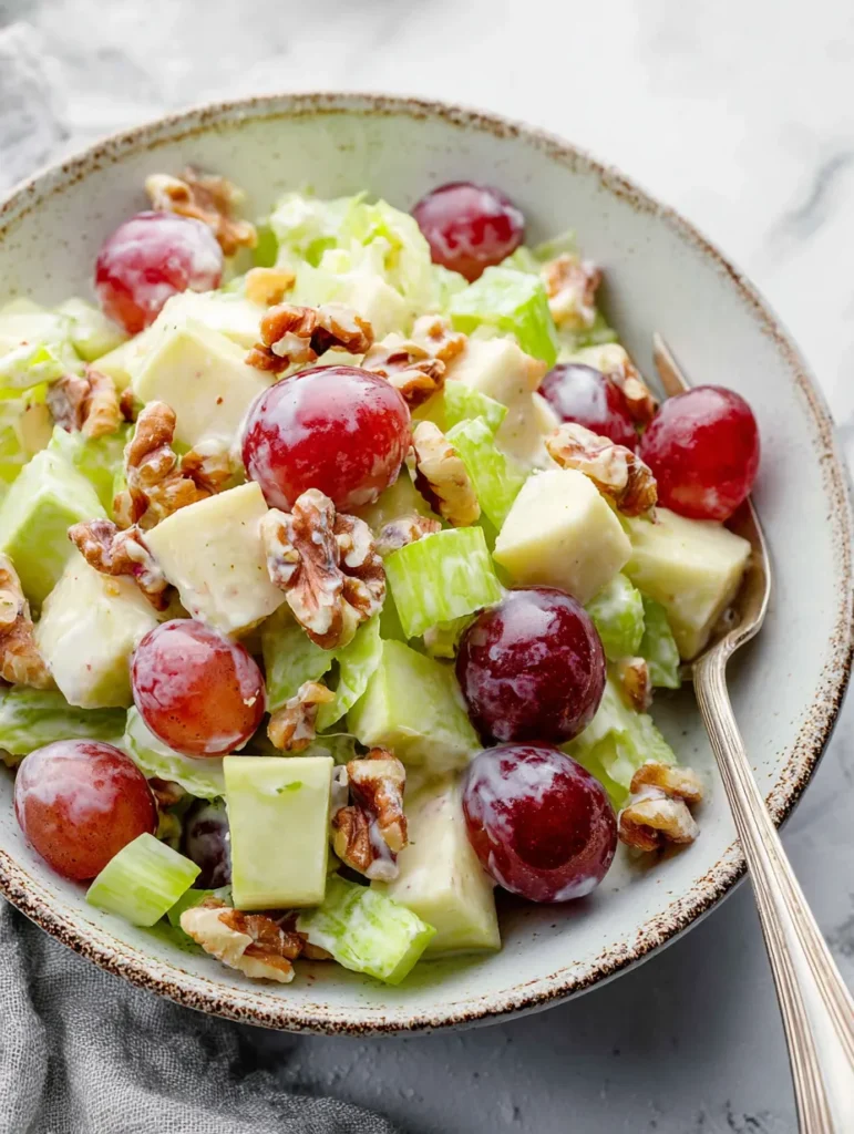 Close up of a fresh Waldorf salad recipe bowl with green apples, red grapes, celery, and toasted walnuts