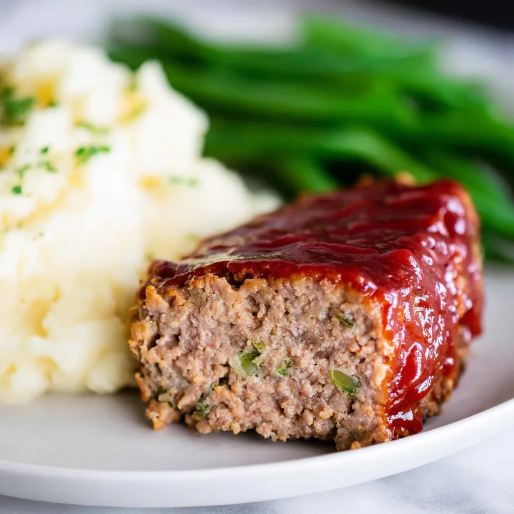 A close-up of a perfectly glazed slice of meatloaf, creamy mashed potatoes, and vibrant green beans on a white plate.