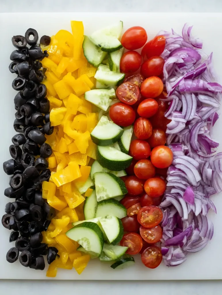 Top-down view of freshly chopped vegetables on a white cutting board: sliced black olives, diced yellow bell peppers, halved red grape tomatoes, sliced green cucumbers, and thinly sliced purple red onion, all arranged in neat vertical rows.