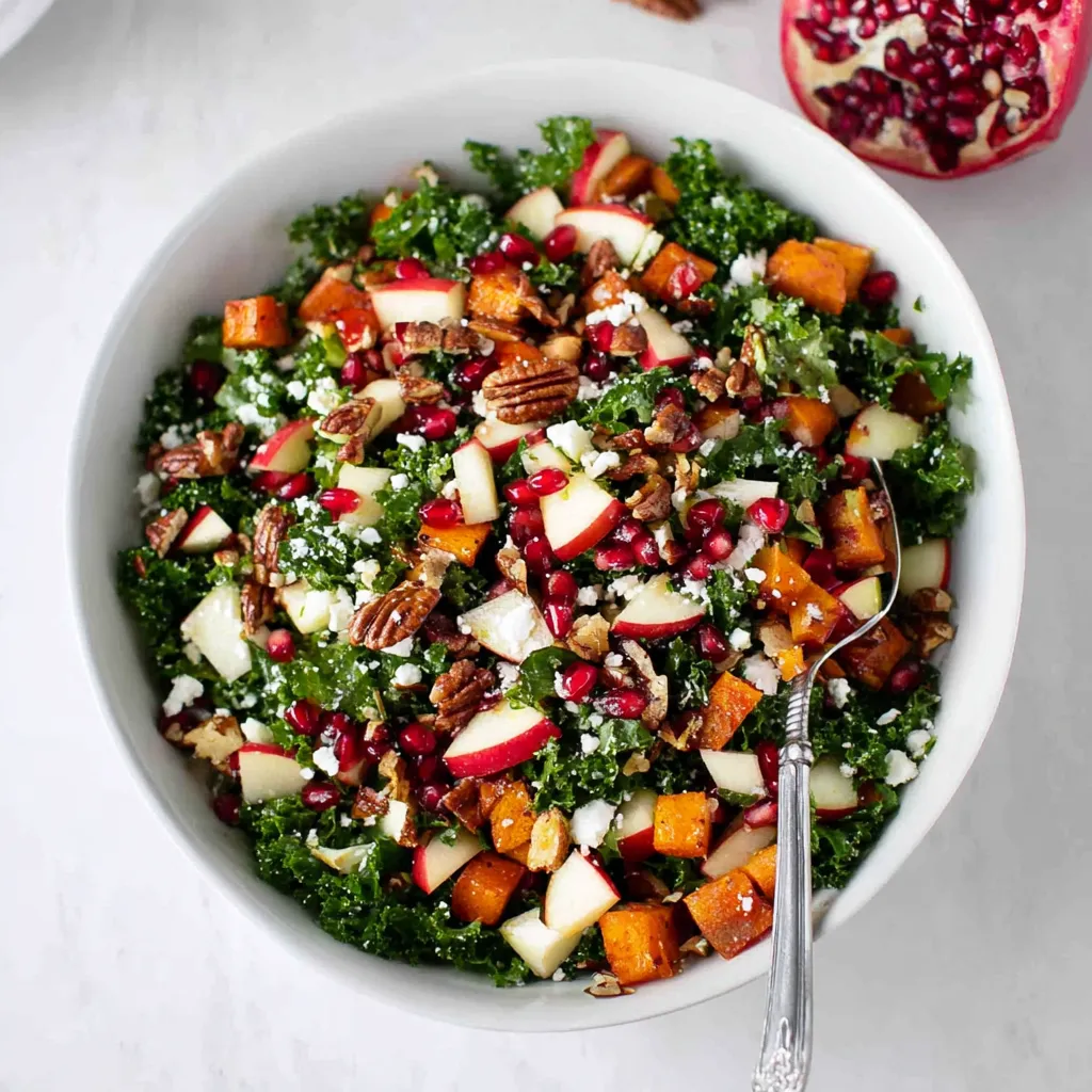 Overhead shot of a vibrant salad in a white bowl, featuring kale, diced apples, roasted butternut squash, pomegranate seeds, crumbled feta cheese, and chopped pecans. A silver fork rests in the salad. A half pomegranate is visible on the right.