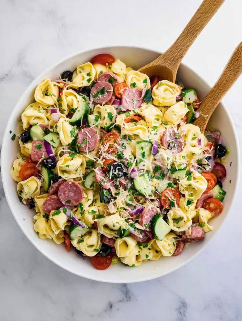 Overhead view of a large white bowl filled with tortellini pasta salad. It contains pasta, salami, cucumbers, tomatoes, olives, onions, bell peppers, topped with shredded Parmesan and parsley. Two wooden spoons are in the bowl, all on a white marble surface.