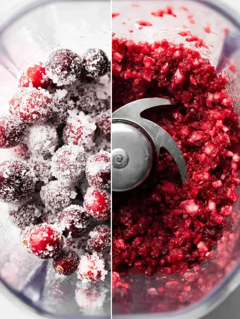 Diptych of cranberries in a blender. Left: whole red cranberries with white sugar. Right: chopped red cranberries with a metal blade.
