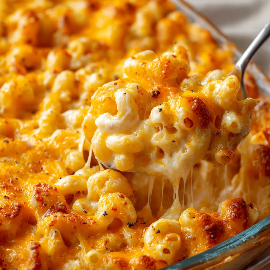 A close-up of creamy, golden-baked macaroni and cheese being scooped from a glass dish, highlighting the melted cheese and pasta.