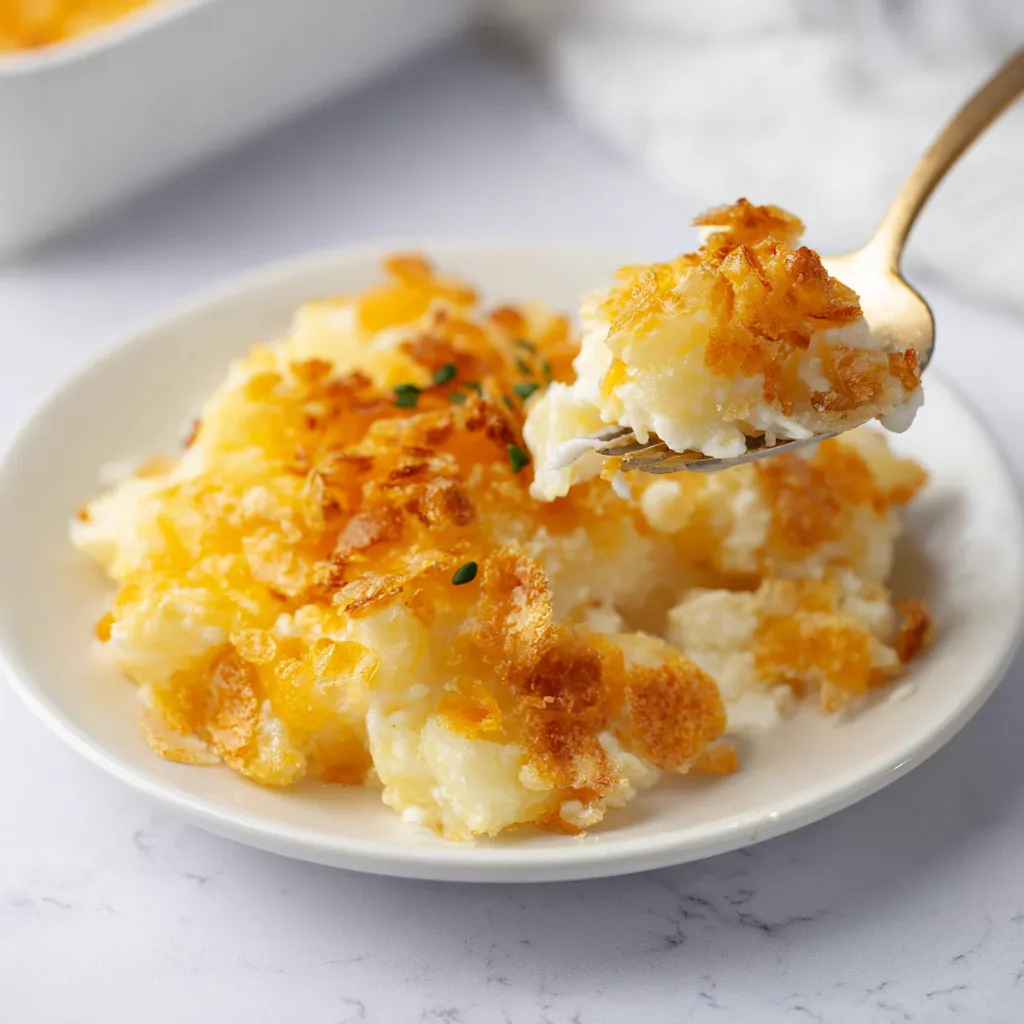 A close-up of Cheesy Potatoes casserole with a golden crispy topping on a white plate, a fork scoops a portion.