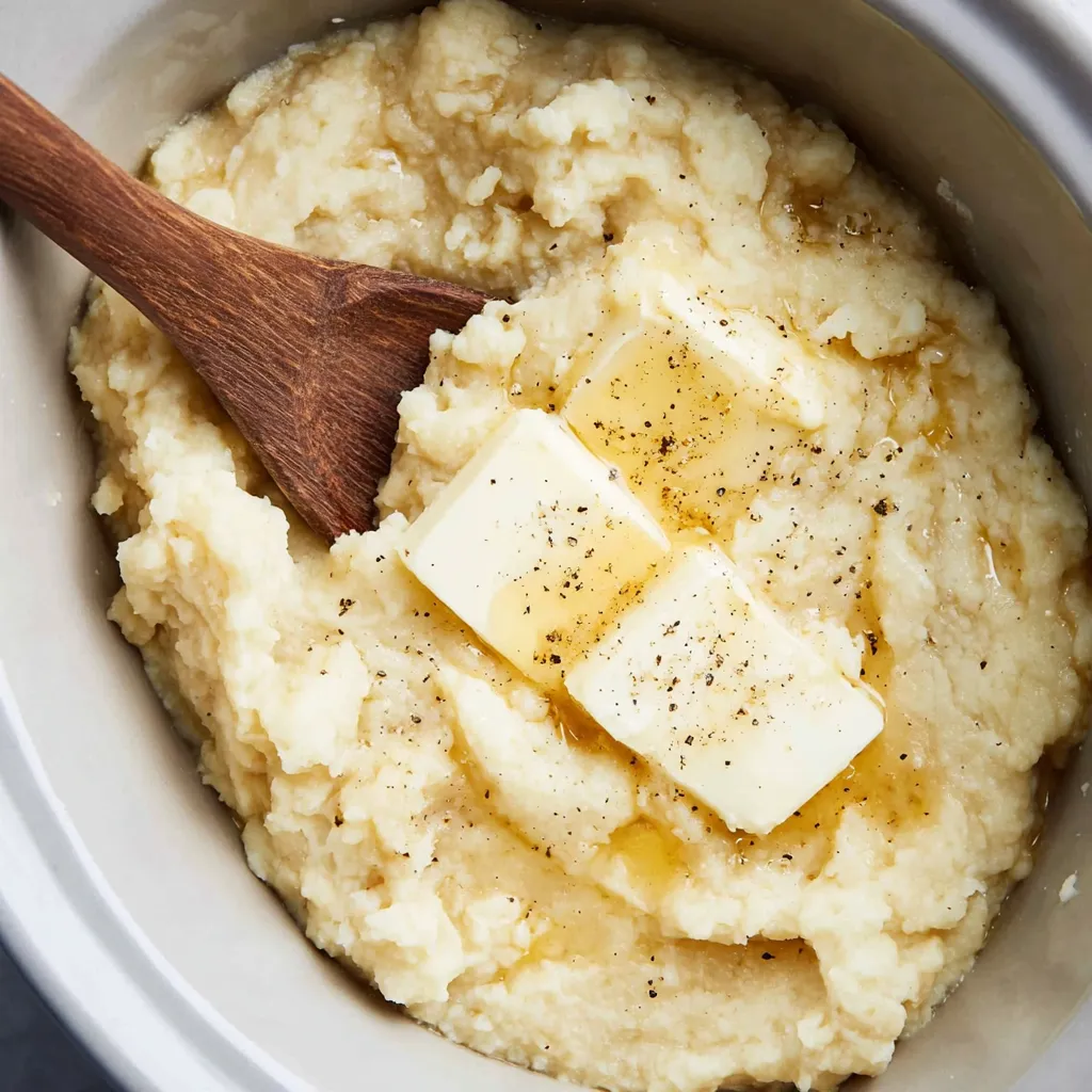 Creamy mashed potatoes with visible skins in a white slow cooker, topped with three pats of melting butter and black pepper, with a wooden spoon.