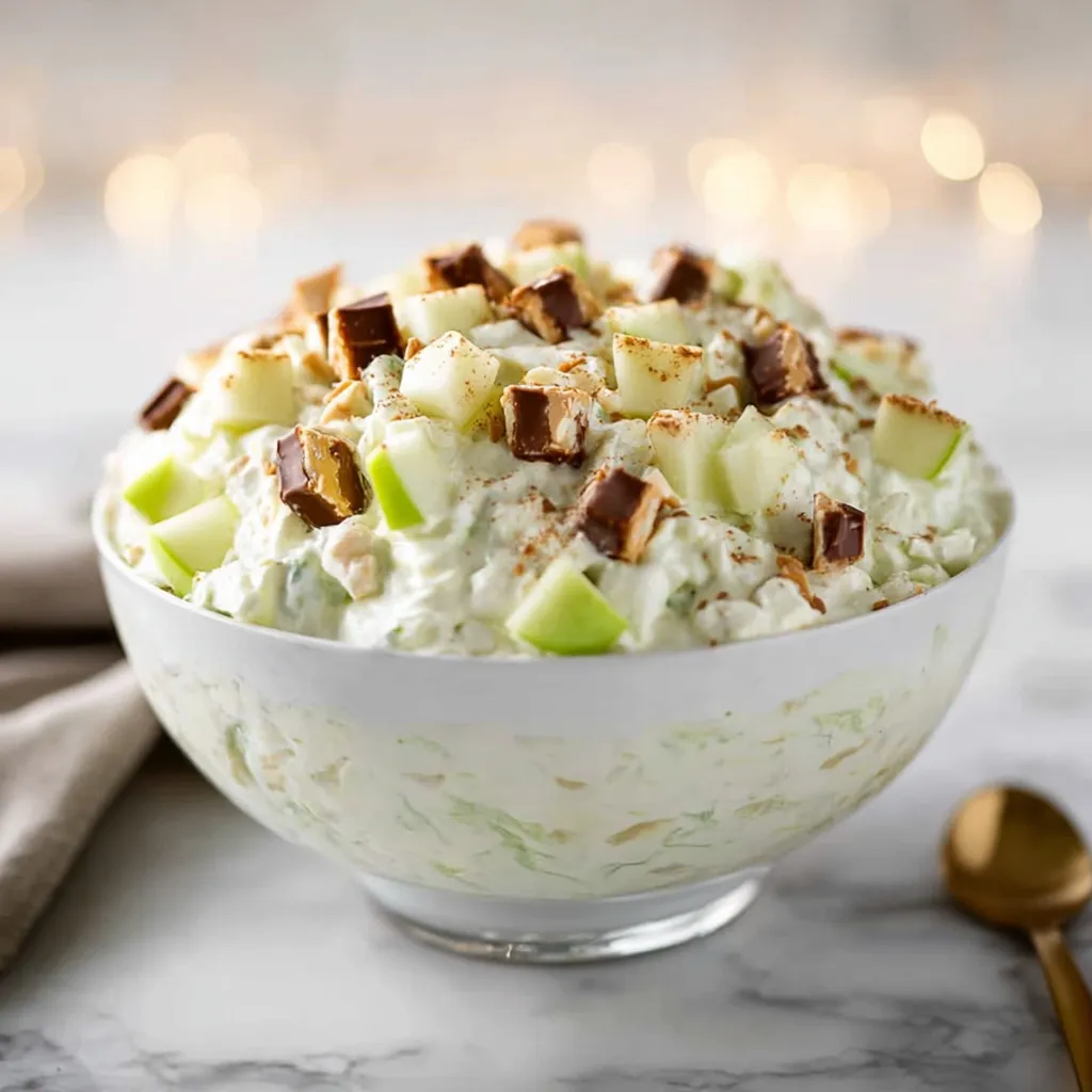 High-angle shot of a fresh batch of Snicker Salad in a crystal bowl, featuring visible chunks of Granny Smith apples and chocolate caramel bars.
