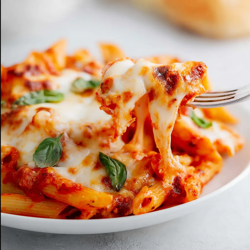 A close-up of baked penne pasta covered in red tomato sauce and gooey, melted mozzarella cheese, with a fork lifting a cheesy serving. Fresh basil garnishes the dish on a white plate.Baked Mostaccioli