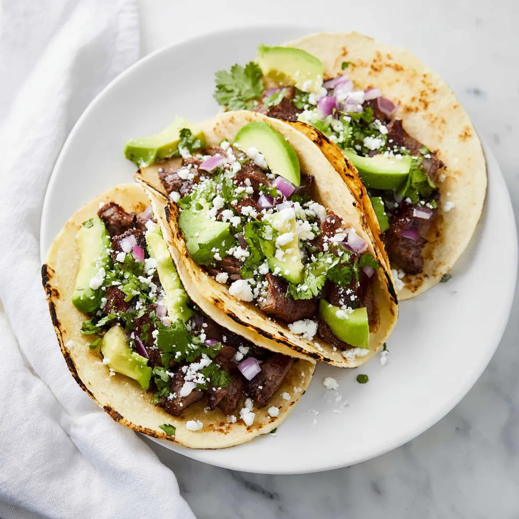 Three savory street tacos filled with carne asada, avocado, red onion, cilantro, and cotija cheese on a white plate.