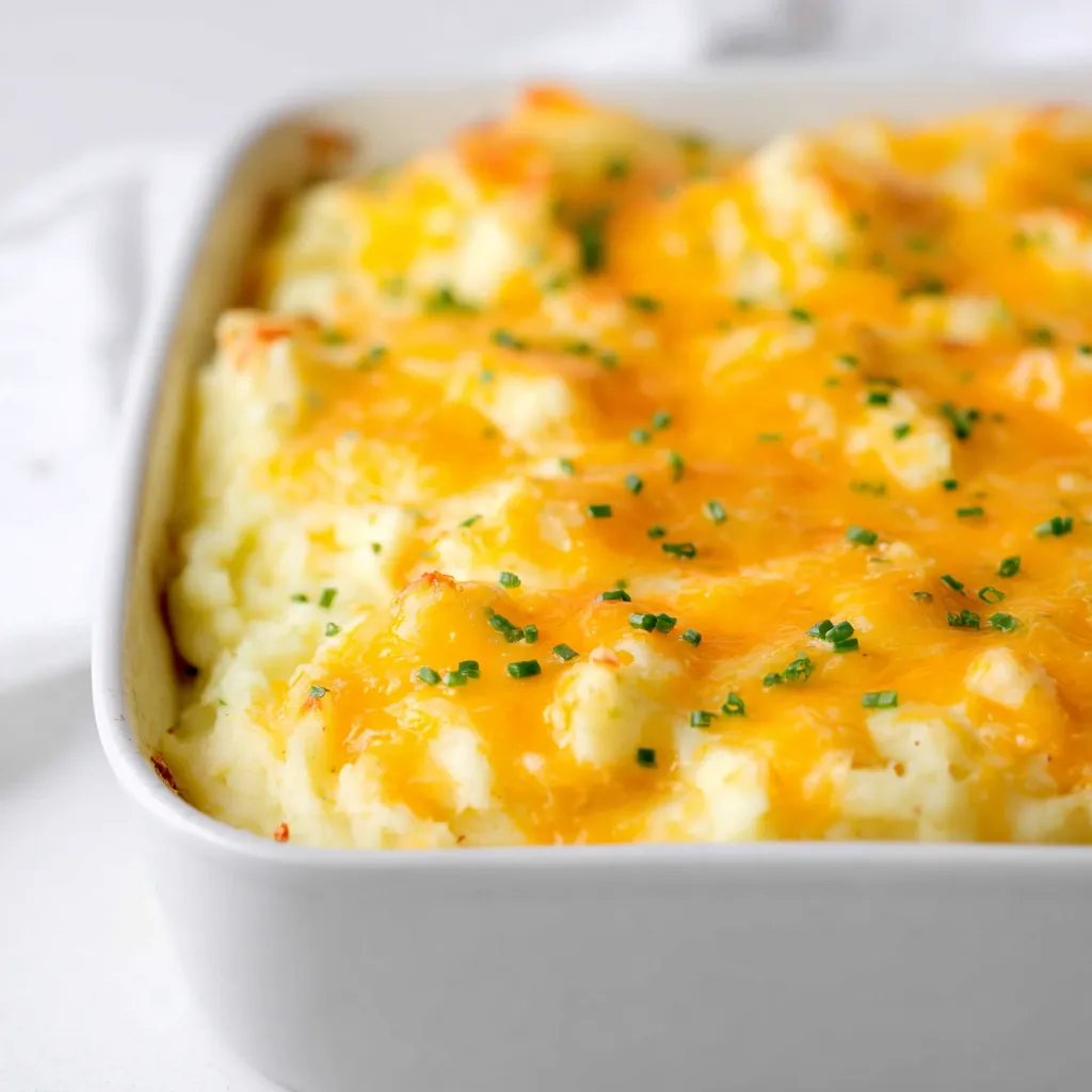 A close-up of cheesy mashed potatoes in a white baking dish, topped with melted cheddar and fresh chives.