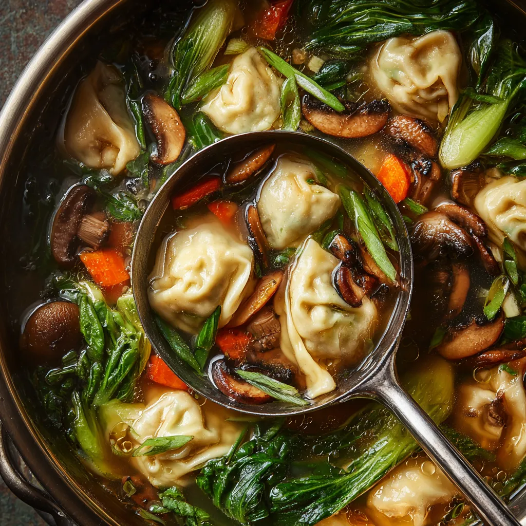 Close-up of a stainless steel ladle scooping dumplings, bok choy, carrots, and shiitake mushrooms from a clear brown soup broth in a white pot.
