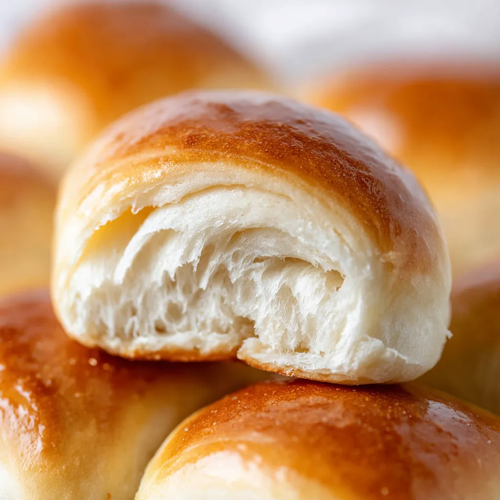 An extreme close-up of a golden-brown crescent roll, torn open to expose its soft white interior.