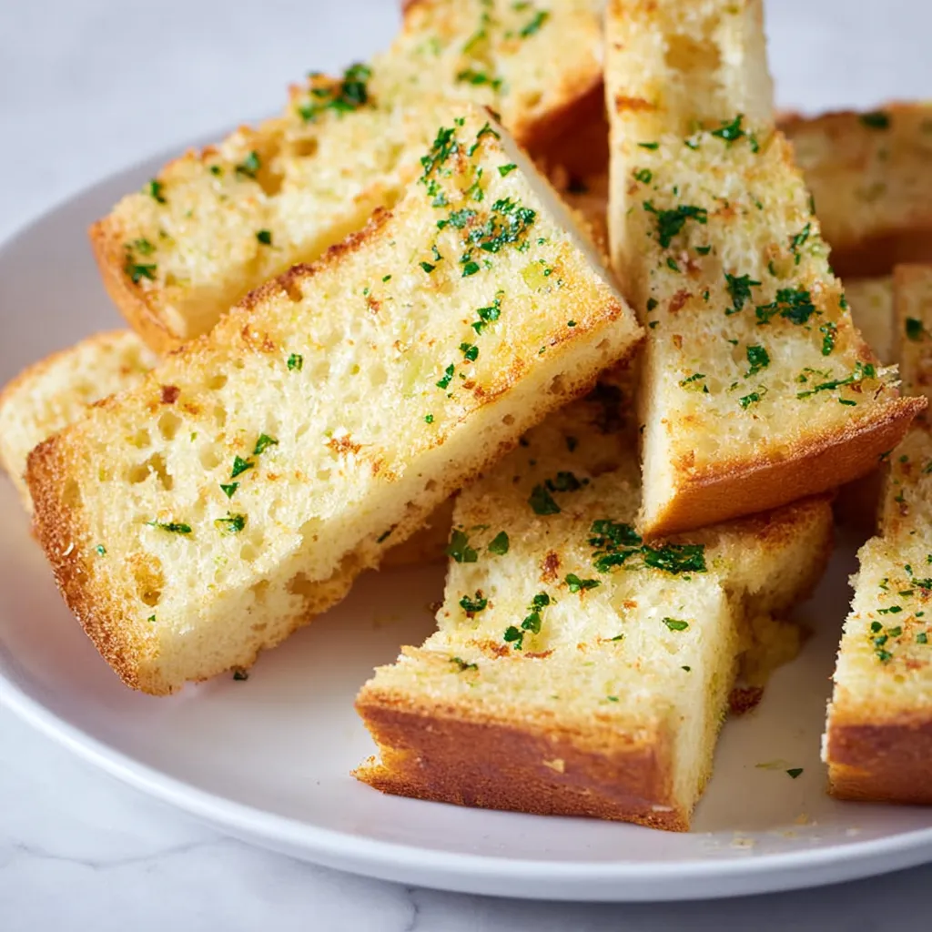 A close-up of golden-brown garlic bread slices with green parsley on a white plate, ready to eat.