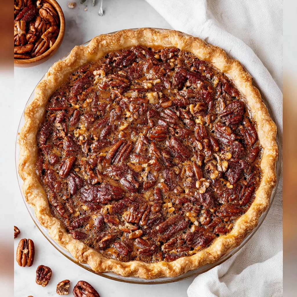 A warm, freshly baked pecan pie with a golden crust and glistening caramel filling, topped with whole and chopped pecans, shot from directly above.