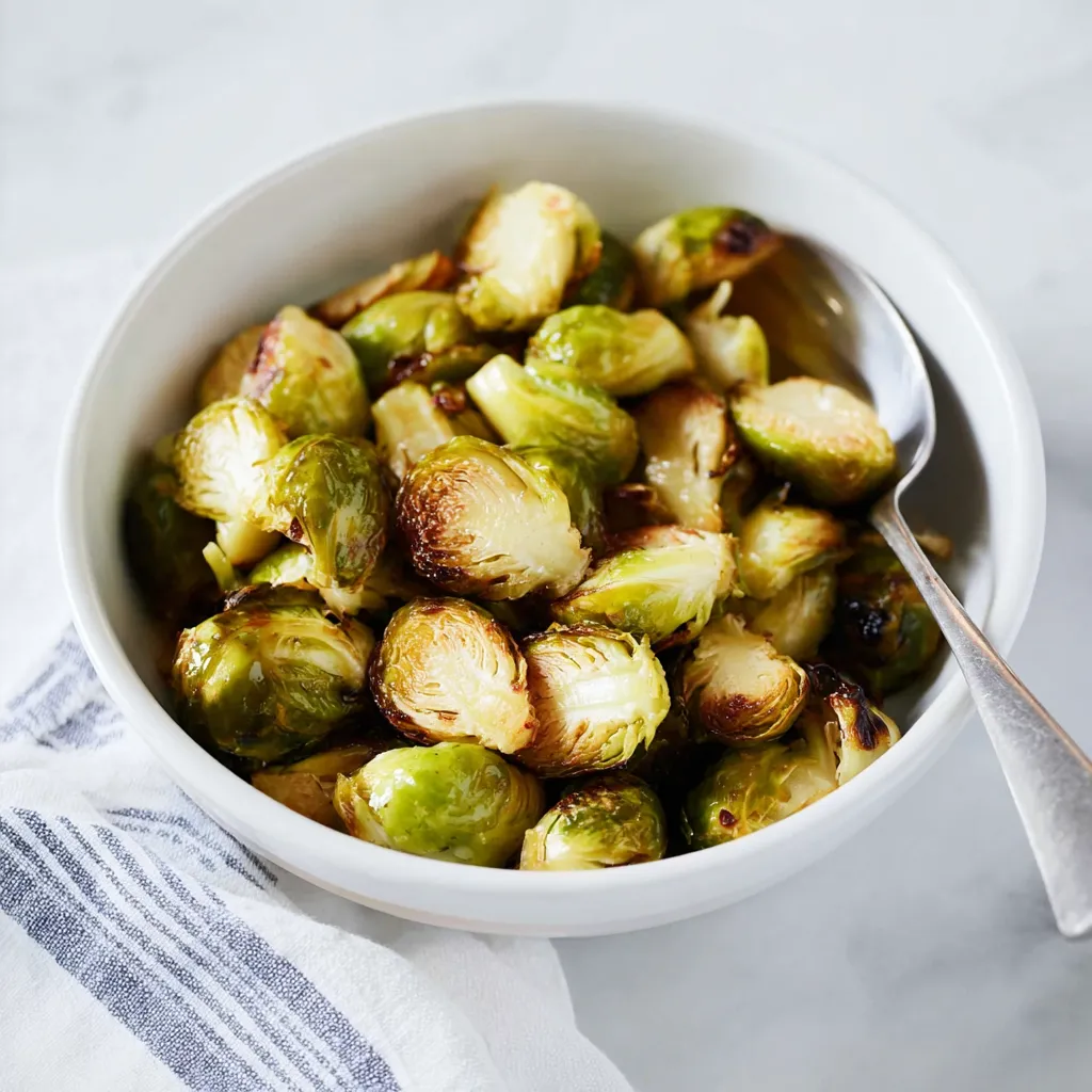 A close-up of a white bowl filled with perfectly roasted Brussels sprouts, featuring a mix of golden-brown and vibrant green halves, with a metal spoon inside.