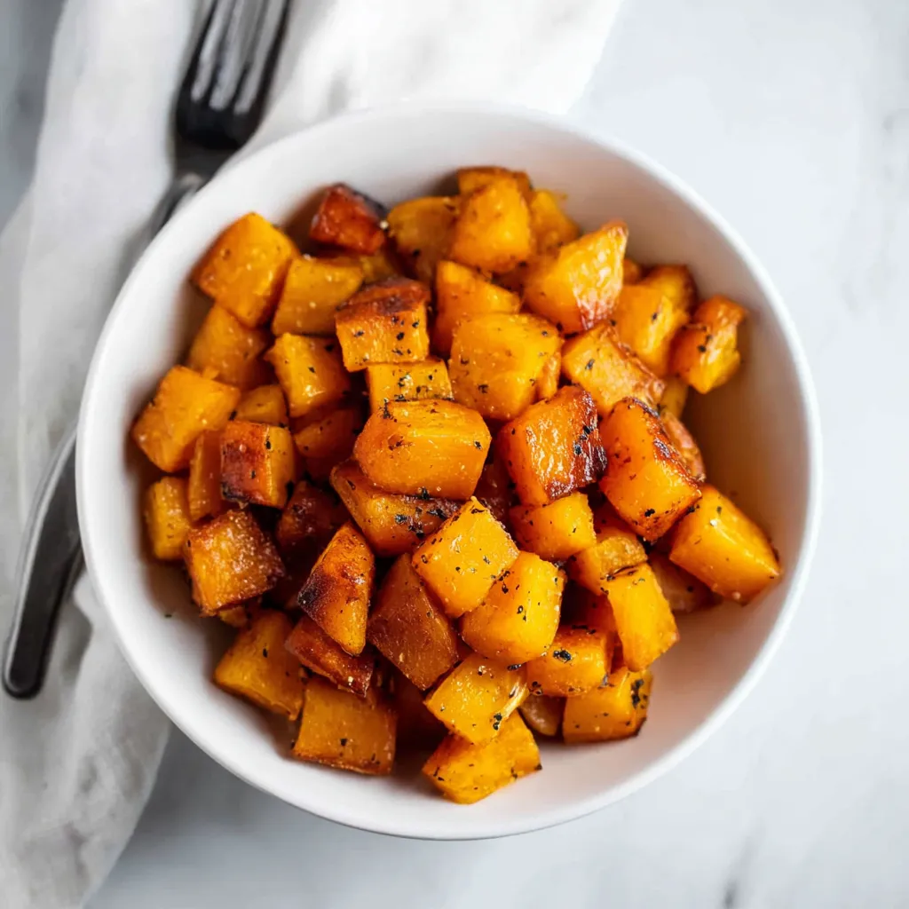 A close-up, overhead shot of a white bowl filled with golden-orange roasted butternut squash cubes, seasoned with black pepper, on a light marble surface.