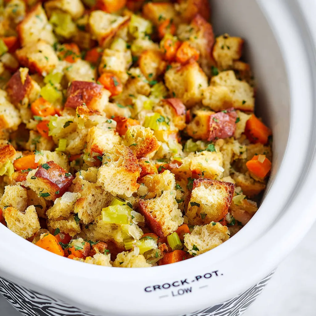 A close-up, overhead shot of savory stuffing with golden bread cubes, green celery, and orange carrots in a white slow cooker.