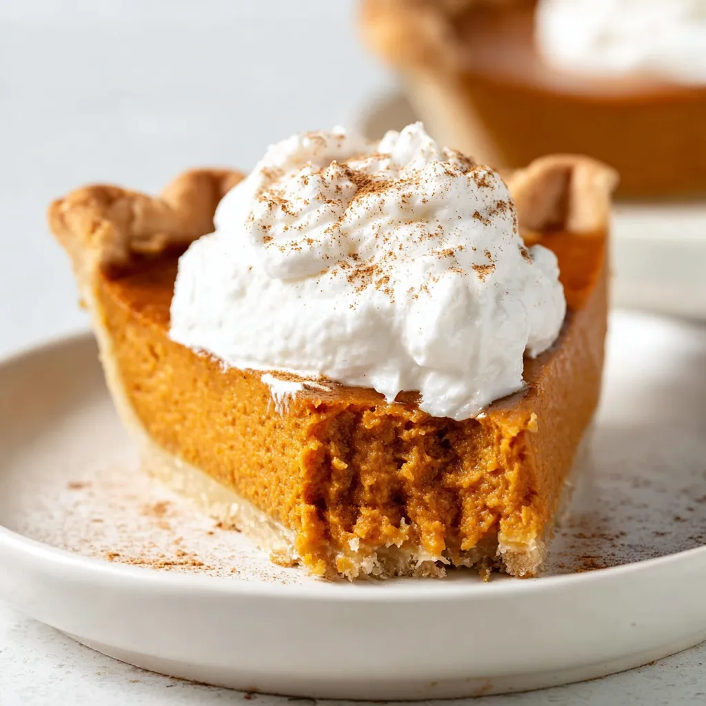 A close-up of a perfectly sliced sweet potato pie topped with fluffy whipped cream and a sprinkle of cinnamon, resting on a white plate.