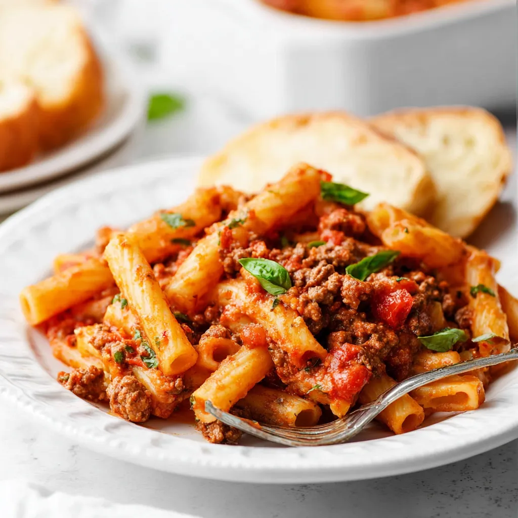 A close-up of a plate of ziti pasta coated in a rich, chunky meat and tomato sauce, garnished with fresh basil, with a fork resting on the side. Bread and a white dish are blurred in the background.