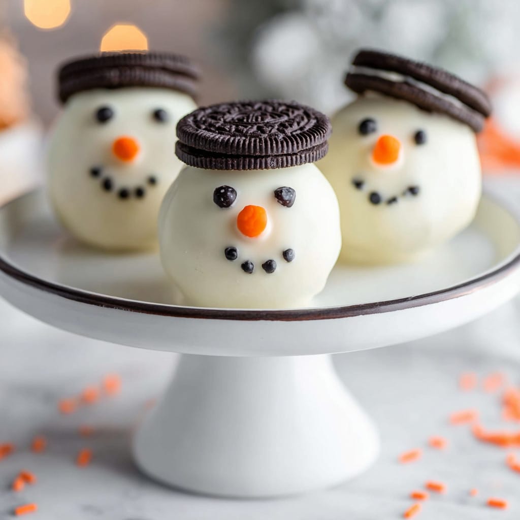 Three charming snowman cake pops with Oreo hats sit on a white cake stand, detailed with black eyes and orange noses.Christmas Oreo Balls