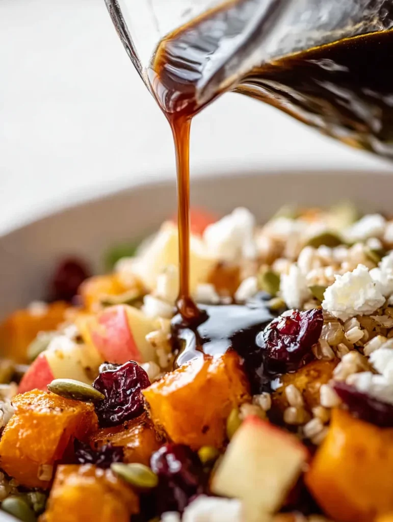 Close-up of dark brown dressing pouring from a clear glass over a colorful salad with butternut squash, apples, feta, cranberries, and seeds.
