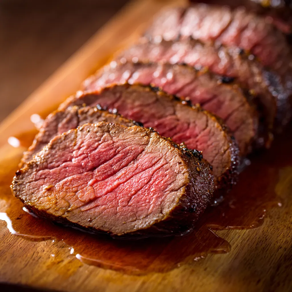 Close-up of perfectly sliced medium-rare beef tenderloin on a wooden cutting board with gleaming juices.Grilled Flank Steak