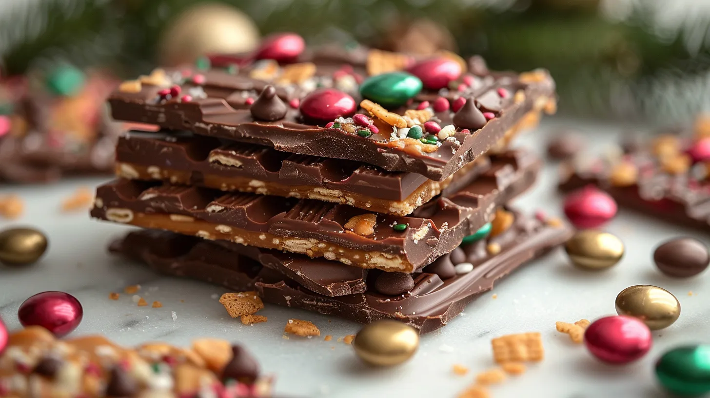 A stack of three festive chocolate toffee bark pieces with red and green candies, surrounded by more bark.