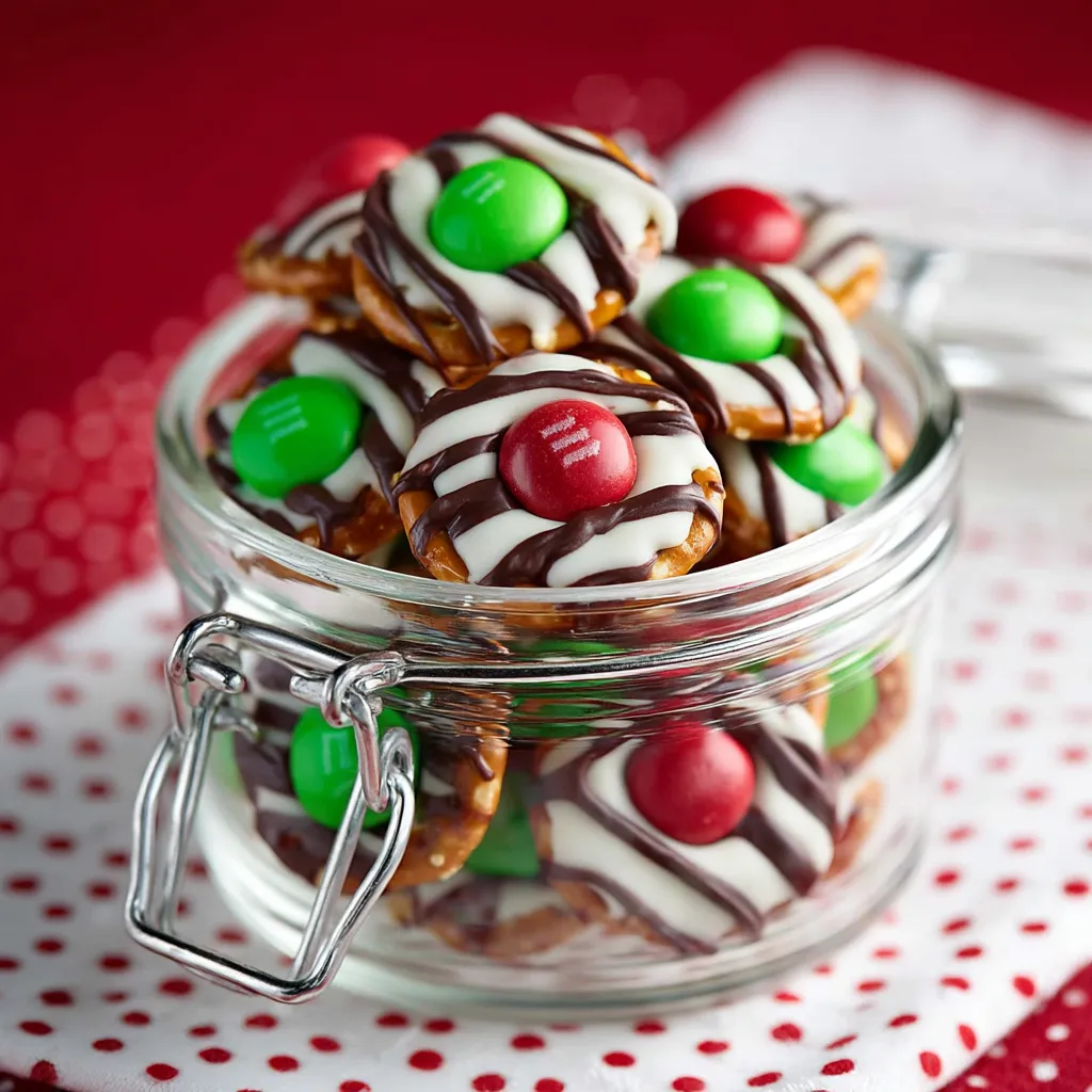 A clear glass jar filled with festive white chocolate covered pretzel crisps, each topped with a red or green M&M.