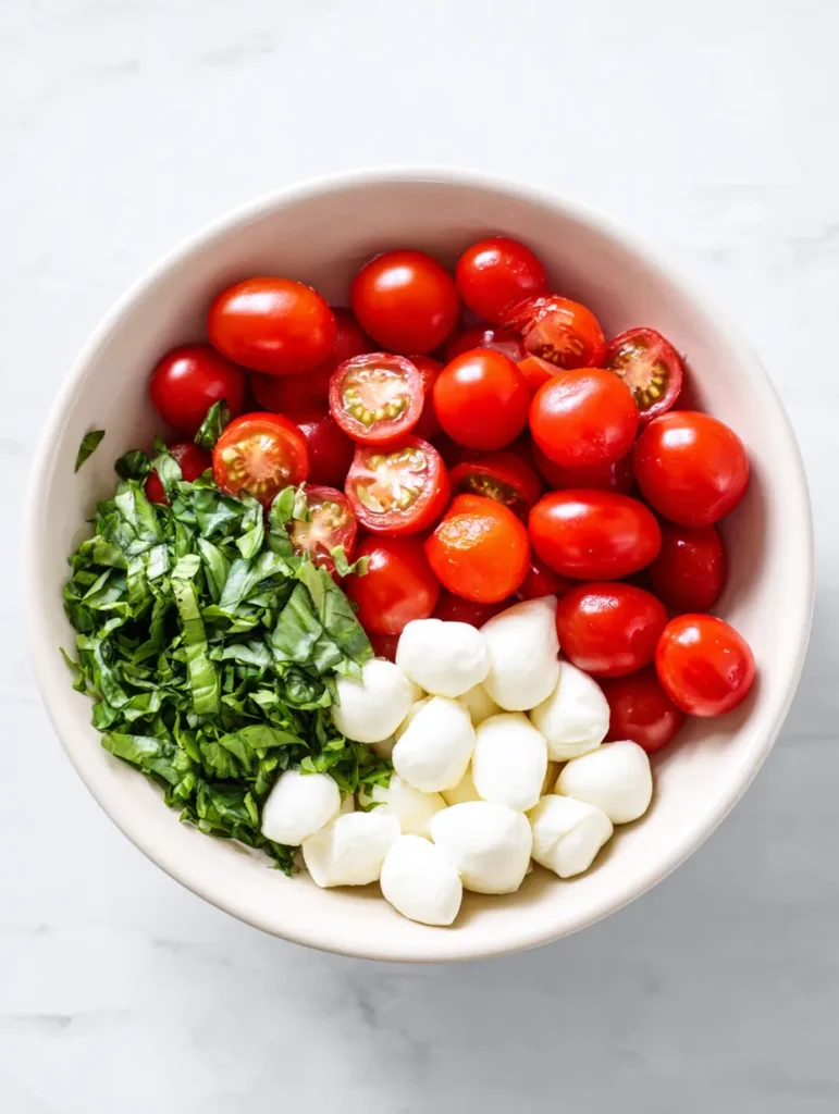 A white bowl containing vibrant red cherry tomatoes (some halved), small white mozzarella balls, and green chopped basil leaves, seen from above.