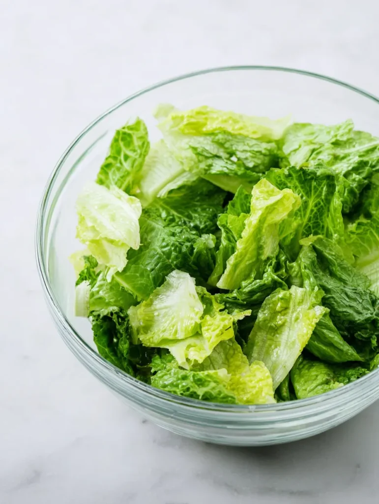 A clear glass bowl filled with vibrant green, freshly chopped romaine lettuce sits on a white marble surface.