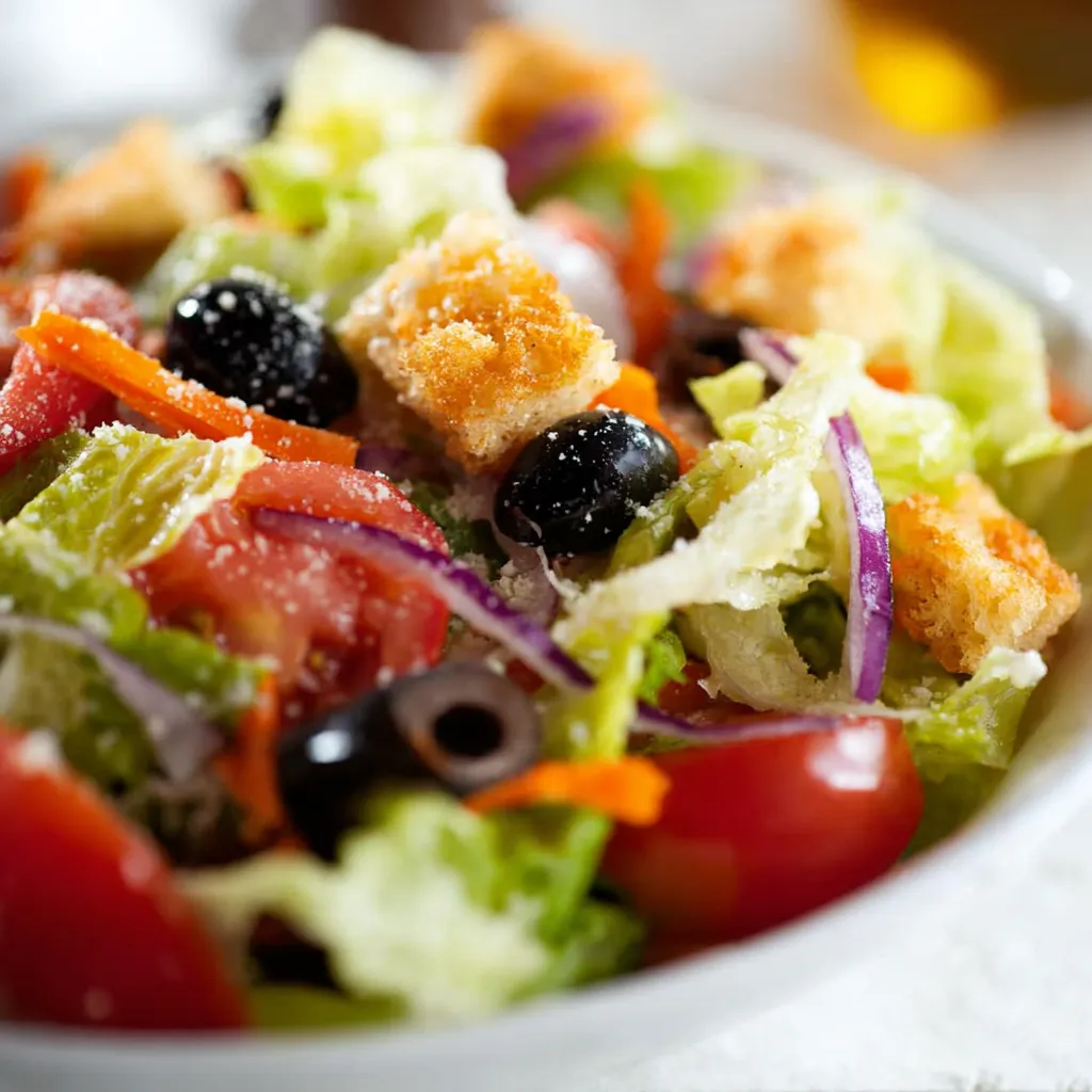 A close-up overhead view of a vibrant garden salad in a white bowl, topped with crisp lettuce, sliced tomatoes, black olives, shredded carrots, red onion, and crunchy croutons.