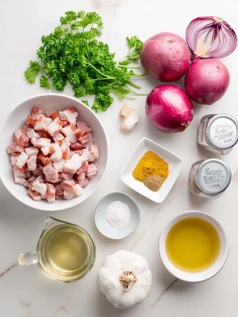 Overhead view of various raw cooking ingredients on a white marble countertop: diced bacon, red potatoes, red onions, garlic, parsley, salt, pepper, mustard, and liquids.