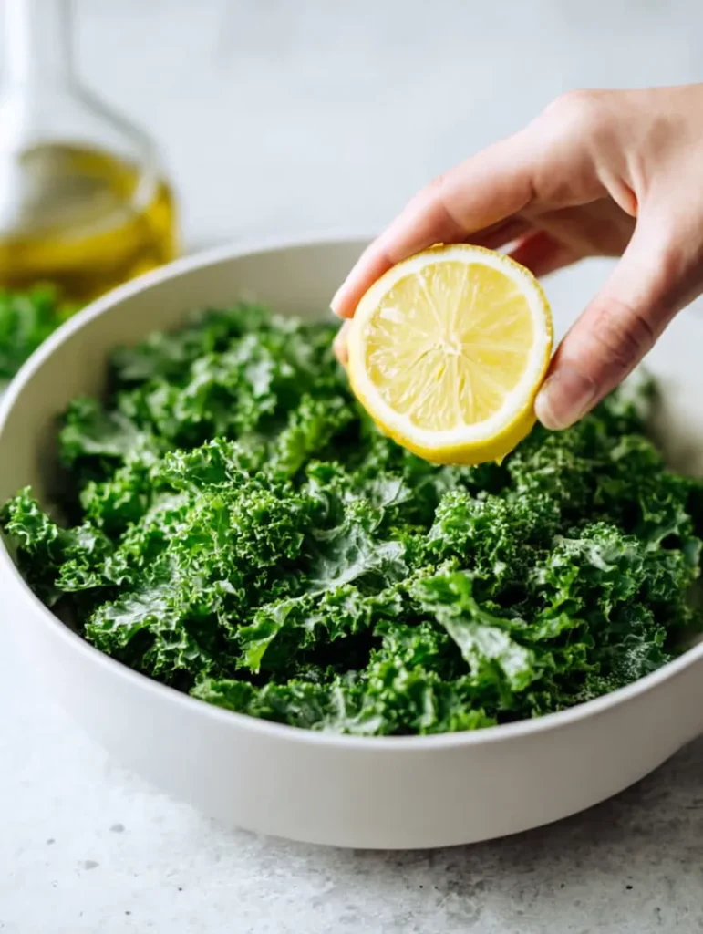 A hand squeezes a bright yellow lemon half over a white bowl filled with fresh, crinkled green kale on a light surface.