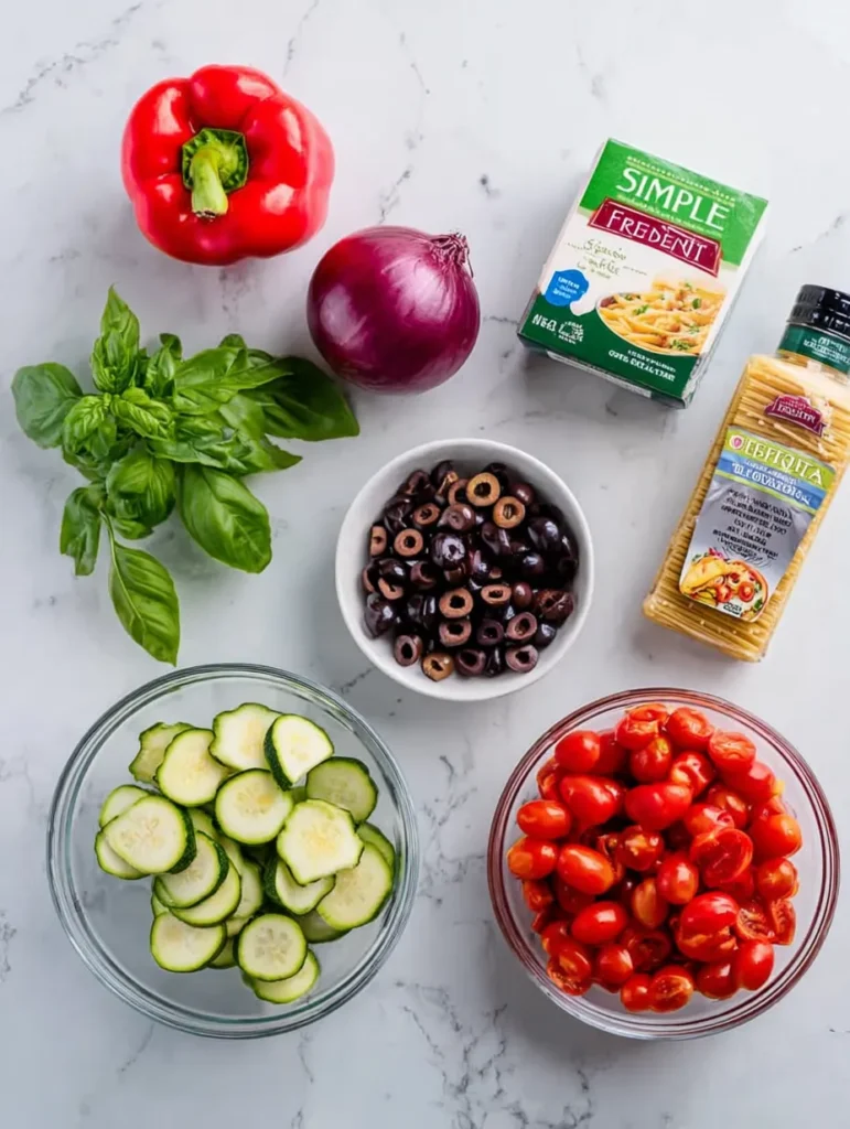 Overhead view of pasta ingredients on white marble: bell pepper, onion, basil, tomatoes, zucchini, olives, feta, spaghetti, Italian dressing.
