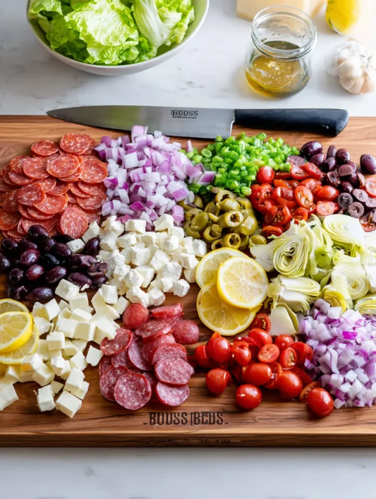 A wooden cutting board covered with neatly arranged salad ingredients: pepperoni, salami, diced red onion, mozzarella balls, olives, cherry tomatoes, pepperoncini, chopped lettuce, and lemon wedges. A knife and dressing are also visible.