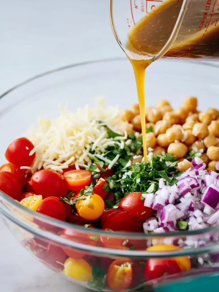 Golden dressing pours from a measuring cup into a glass bowl with a fresh salad of halved cherry tomatoes, red onion, chickpeas, shredded cheese, and chopped green herbs.