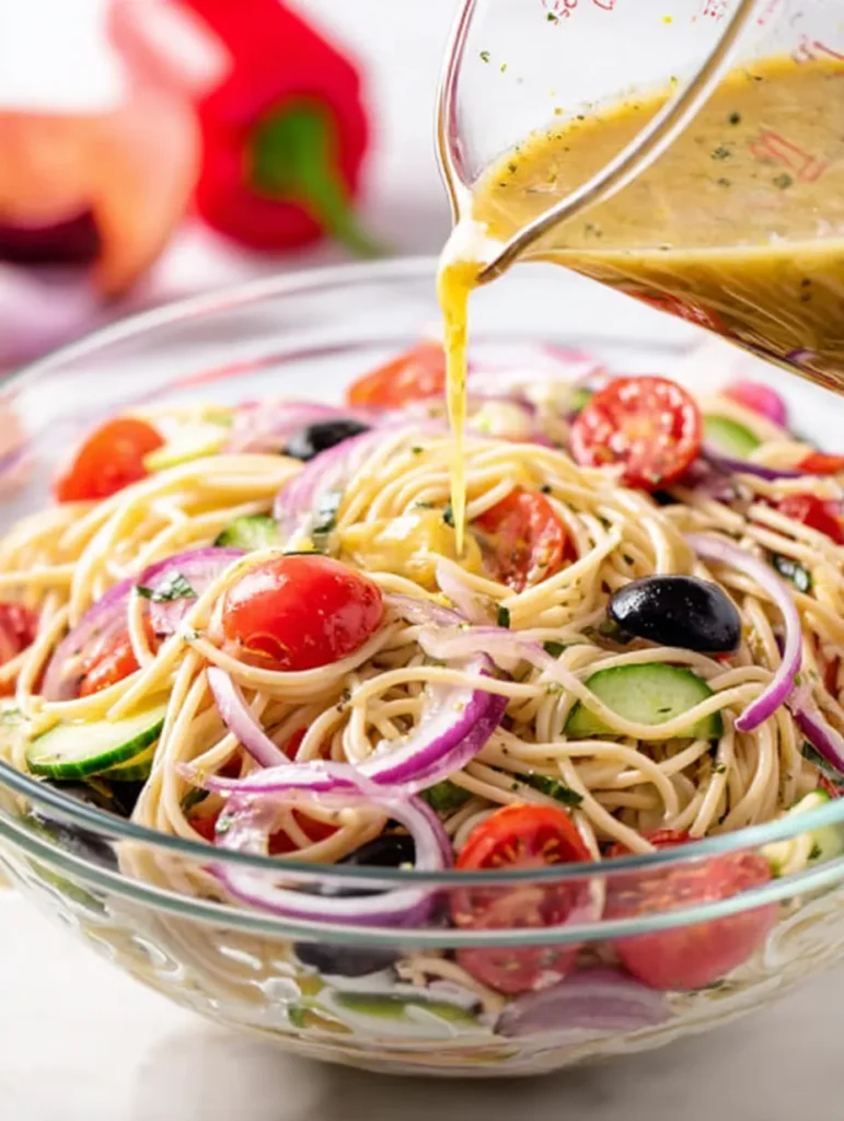 A golden vinaigrette is poured from a measuring cup over a spaghetti salad with tomatoes, red onions, cucumbers, and olives in a glass bowl.