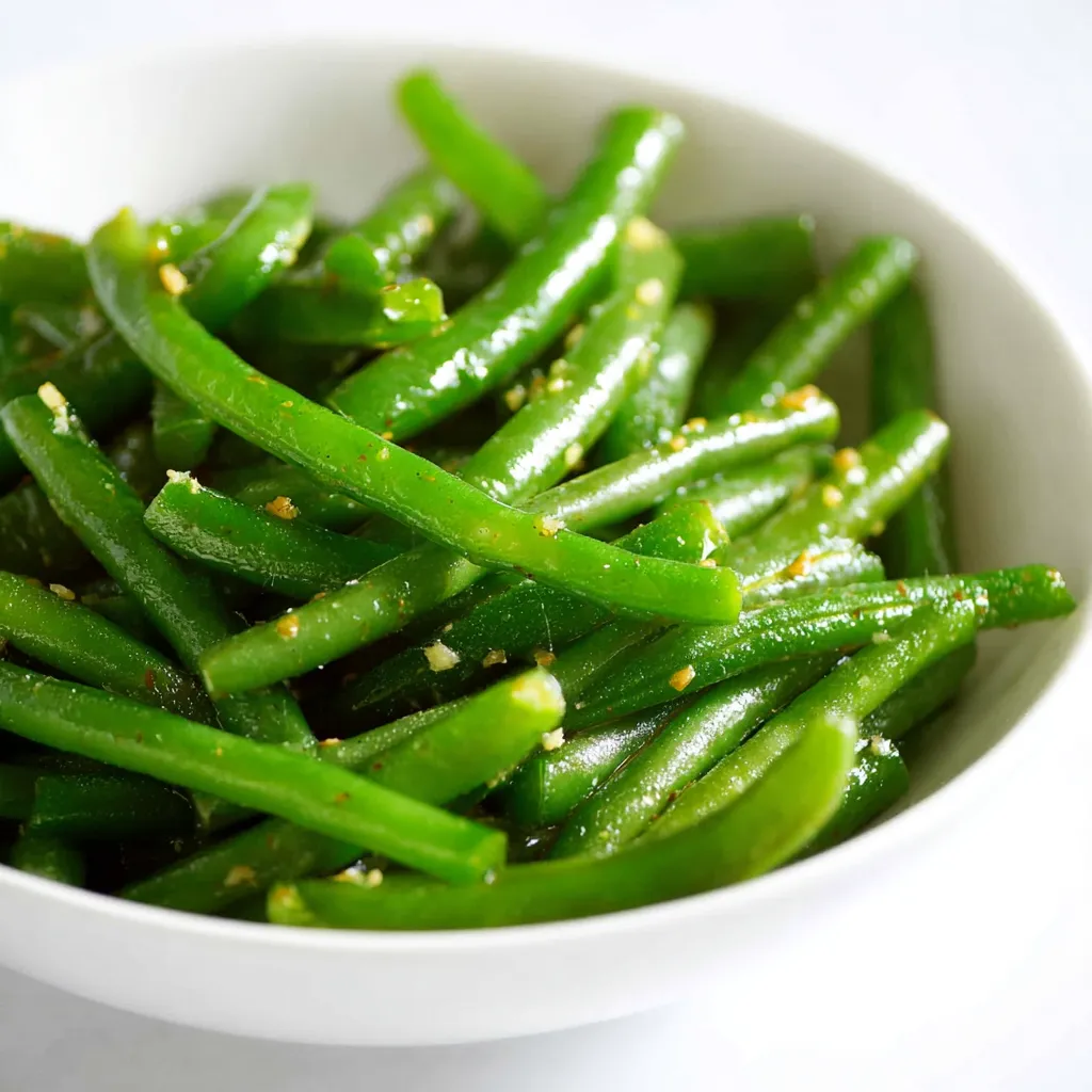 A close-up of vibrant green beans, lightly steamed and seasoned, served in a clean white bowl on a bright white background.