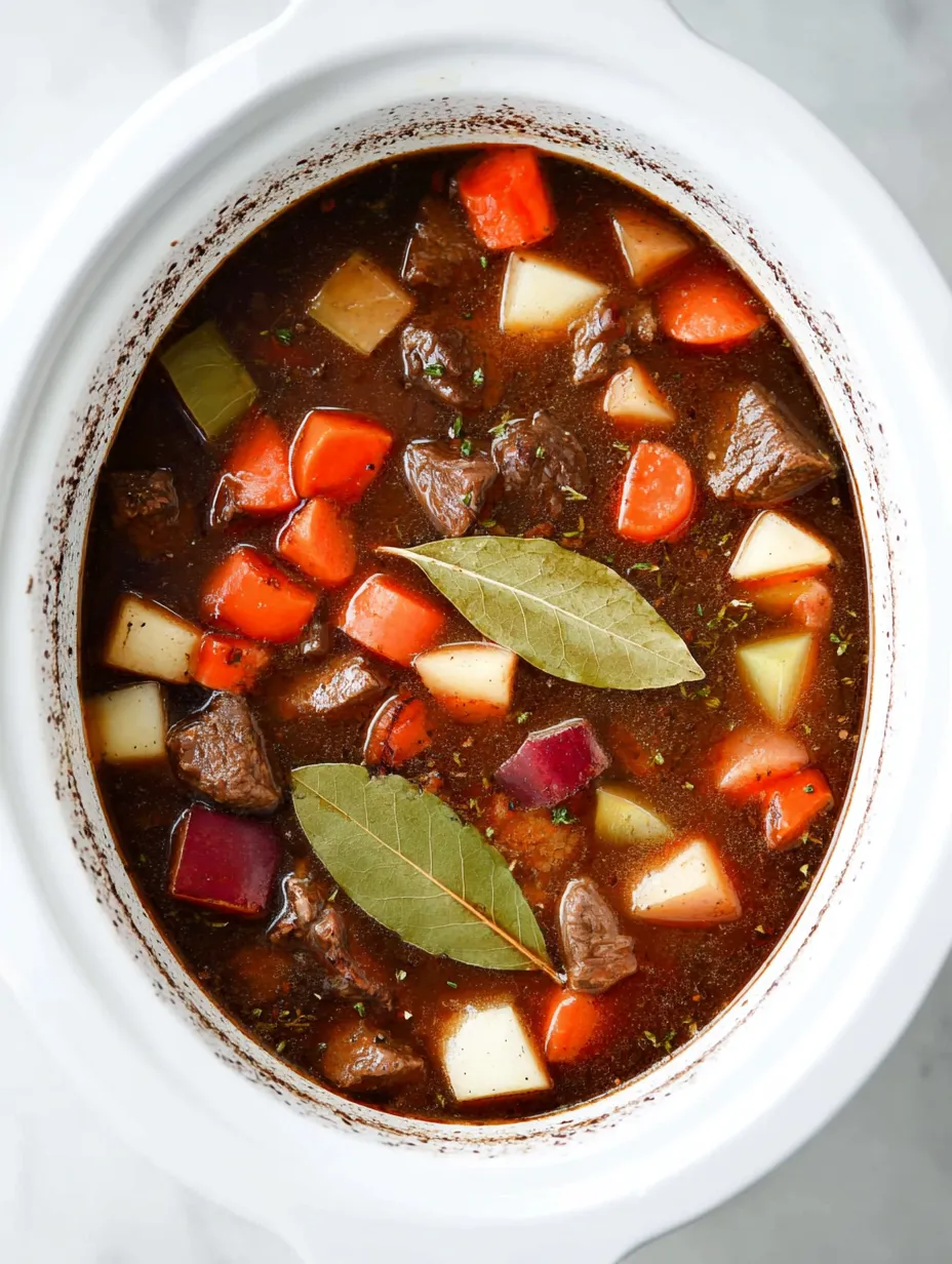 An overhead view of a rich, bubbling beef stew with chunks of meat, carrots, potatoes, celery, and bay leaves simmering in a white slow cooker .Crockpot Beef Stew