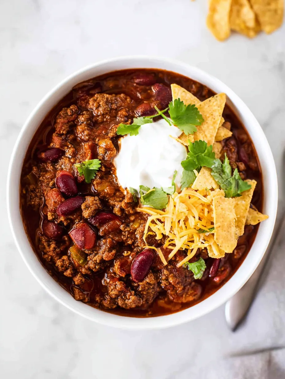 An overhead shot of a bowl of chili con carne, garnished with sour cream, cheddar cheese, tortilla chips, and cilantro.