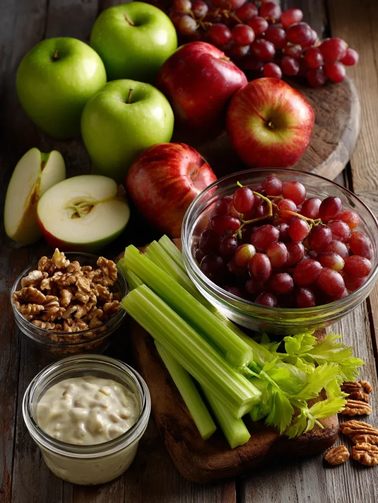 Fresh ingredients for a Waldorf salad recipe including apples, celery, grapes, walnuts, and yogurt