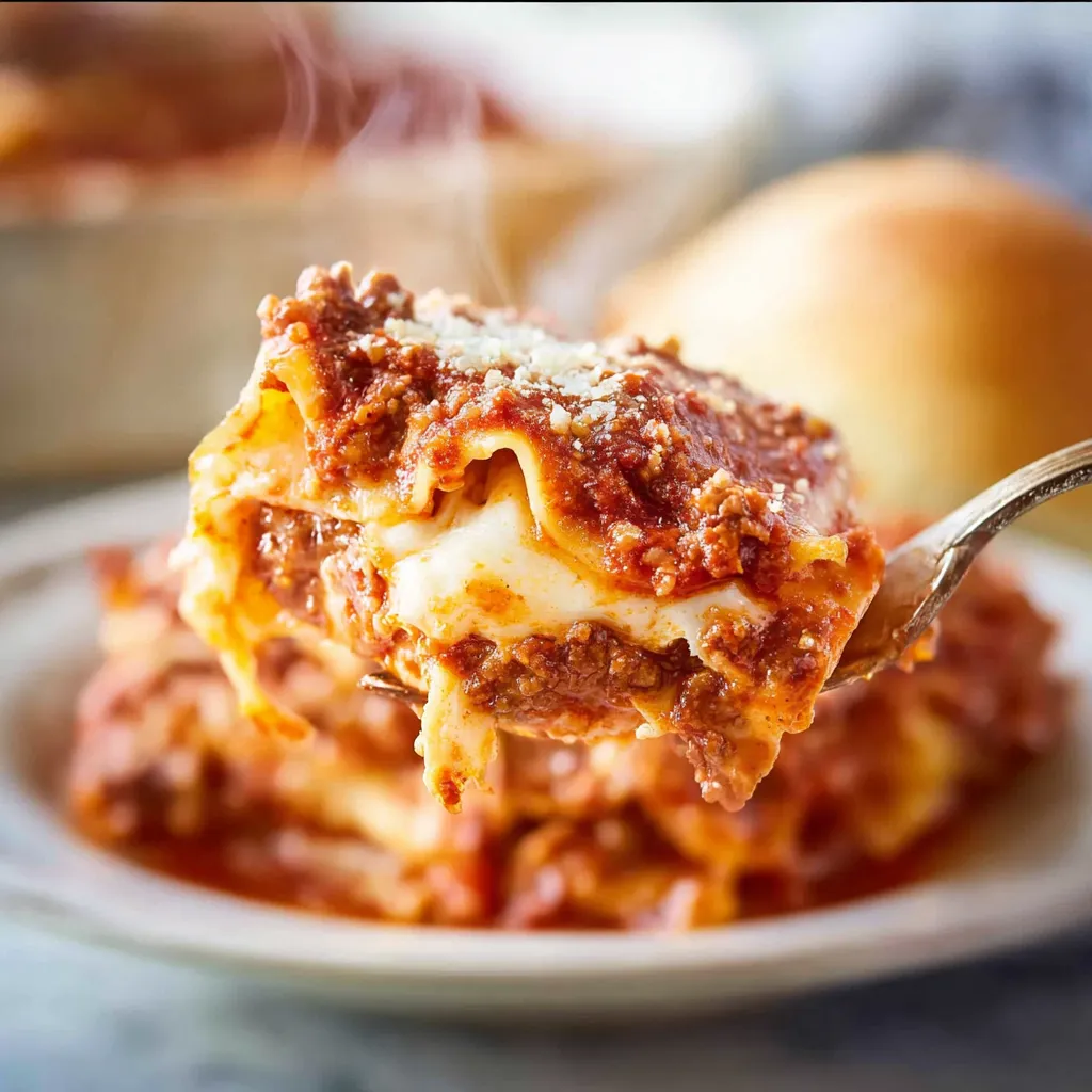 A fork lifts a delicious, cheesy bite of Baked Beef Ravioli , revealing layers of pasta, meat sauce, and melted cheese.