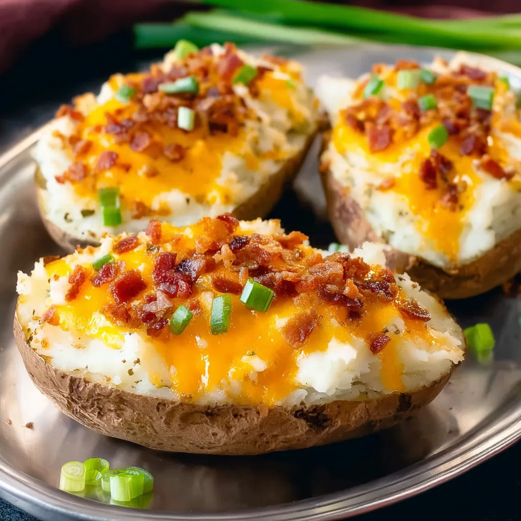 Three delicious twice-baked potatoes topped with melted cheddar, crispy bacon, and fresh green onions on a silver platter.