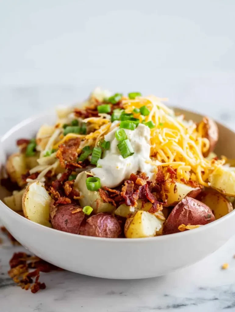 A close-up shot of a white bowl filled with diced potatoes, creamy white sauce, crispy bacon, shredded cheddar cheese, and chopped green onions.