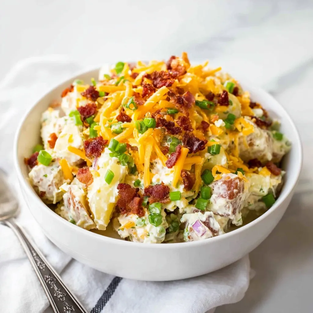 A white bowl of Macaroni Salad Recipe topped with shredded yellow cheddar cheese, crispy, and chopped green onions on a white surface.