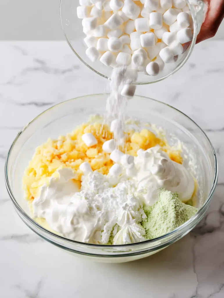 Mini marshmallows being poured from a glass bowl into a larger mixing bowl containing crushed pineapple, whipped topping, and green powder.