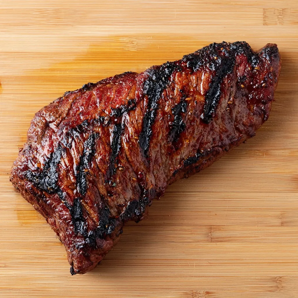 A close-up, top-down view of a grilled tri-tip steak with distinct char marks, resting on a light bamboo cutting board.