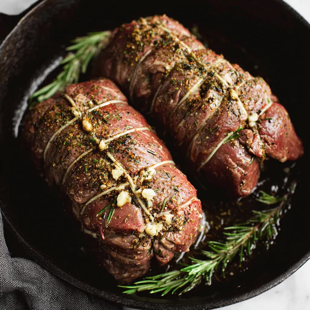 Juicy roasted beef tenderloin with a garlic and herb crust, served in a black cast iron skillet with fresh rosemary. Beef Tenderloin Roast